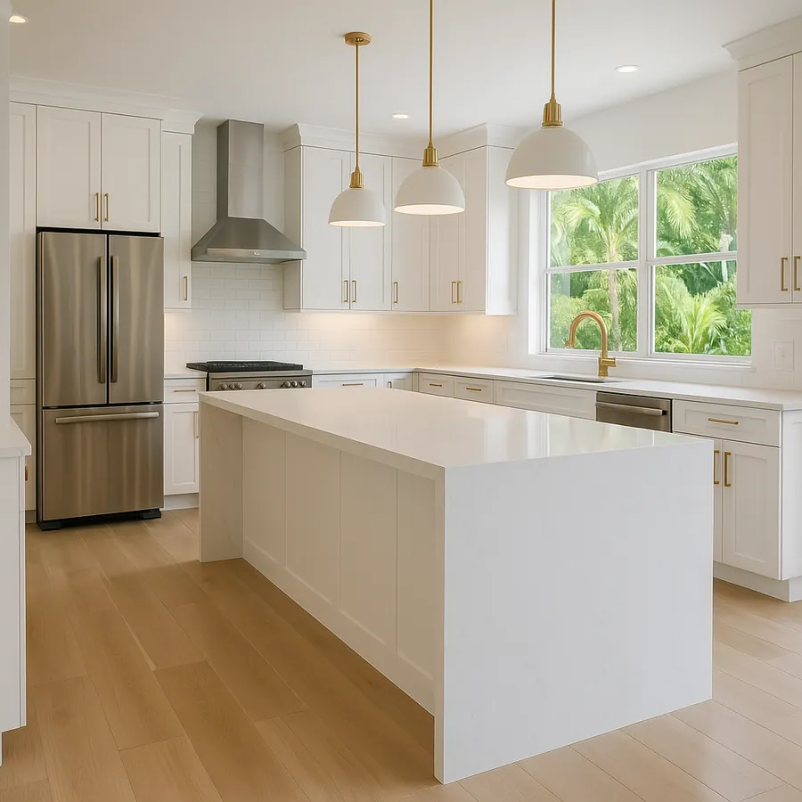 The same kitchen after renovation, with white cabinets and stone counters