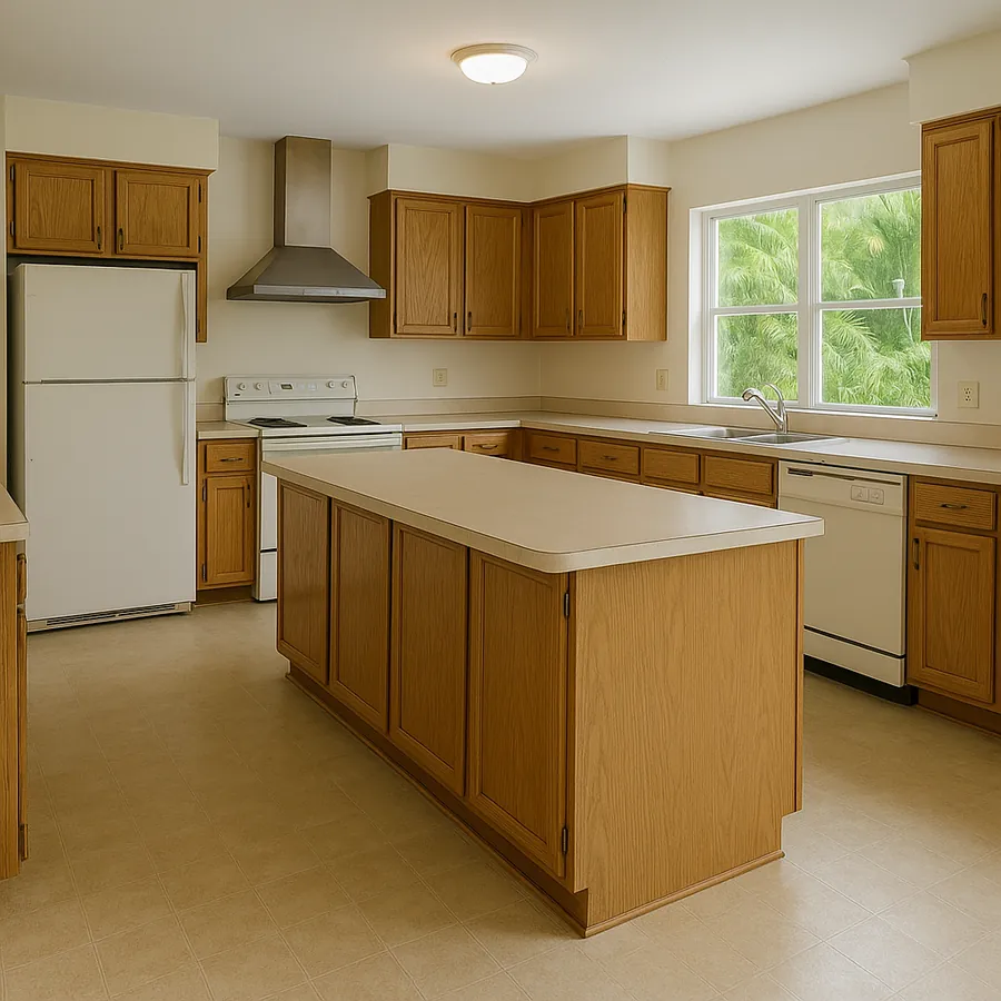 A dated kitchen with oak cabinets and laminate counters